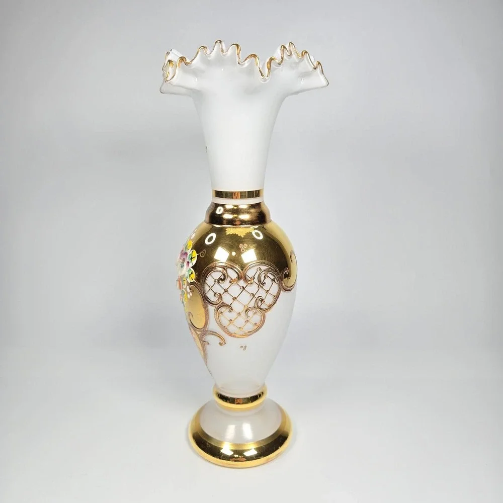 Vintage Bohemian Czech Gold Gilt Raised Enamel Hand-painted Vase Urn Ruffled 10